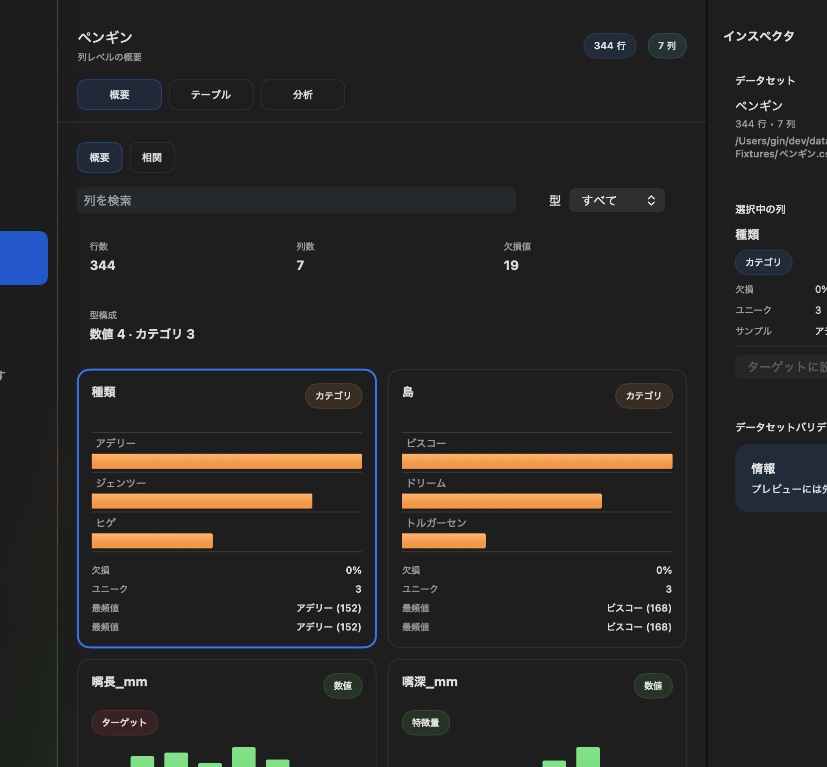 DataCello overview showing column types and dataset structure